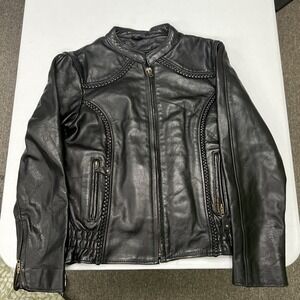 Hot Leathers Motorcycle Jacket Womens Large Black Braided Trim Zip-Out Liner